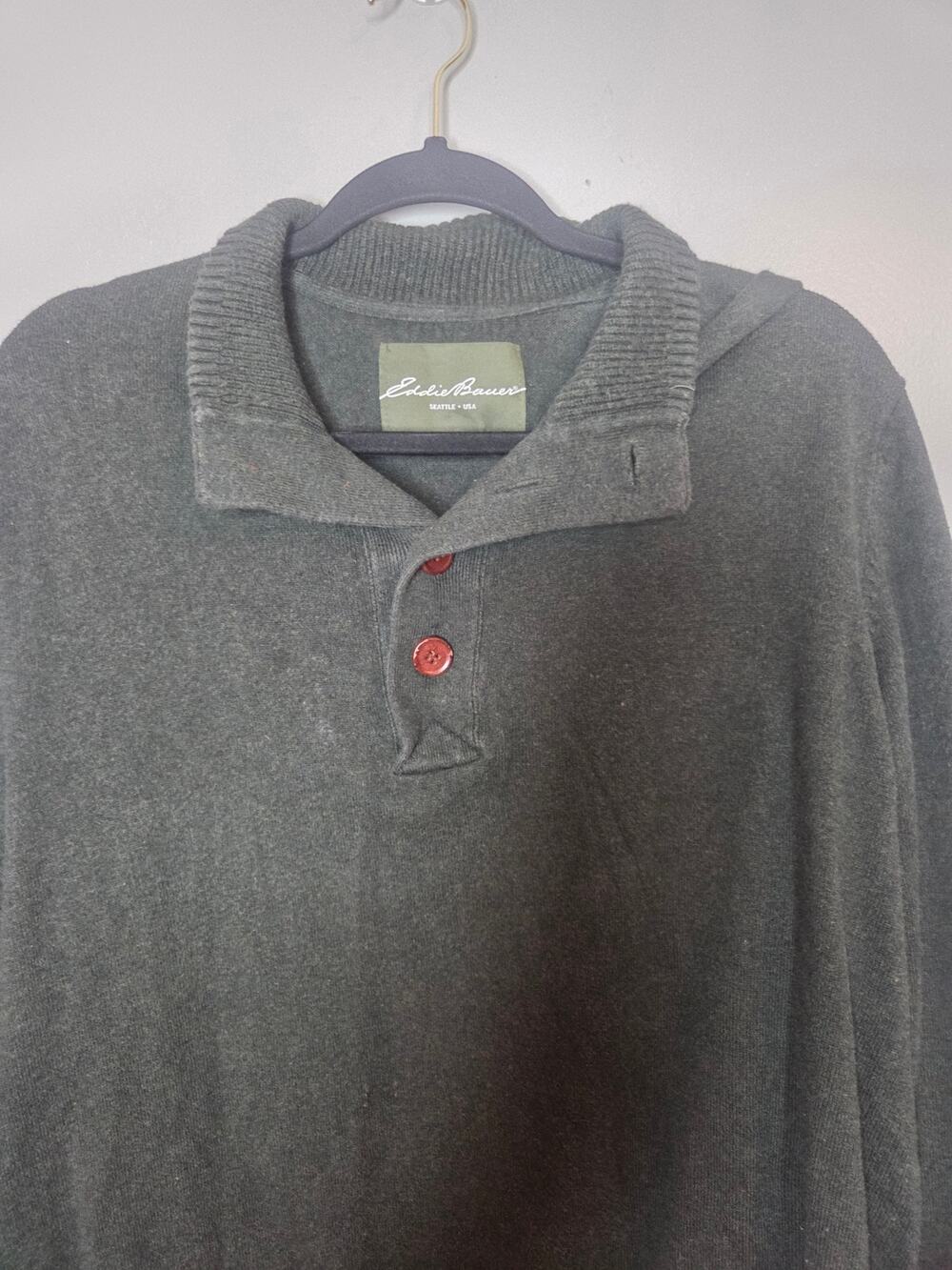 Eddie Bauer Mens XL Forest Green Cotton Cashmere Blend Button Collar Pullover